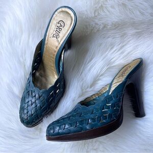 Carlos By Carlos Santana Basket Leather Mules Sz 9 M Blue Women's 5” Heels Boho